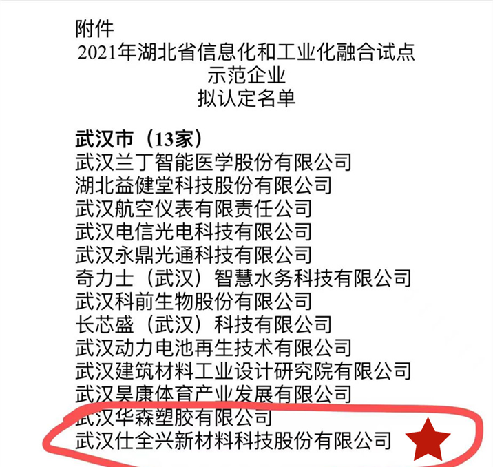 武漢仕全興入選2021年湖北省信息化和工業(yè)化融合試點(diǎn)示范企業(yè)